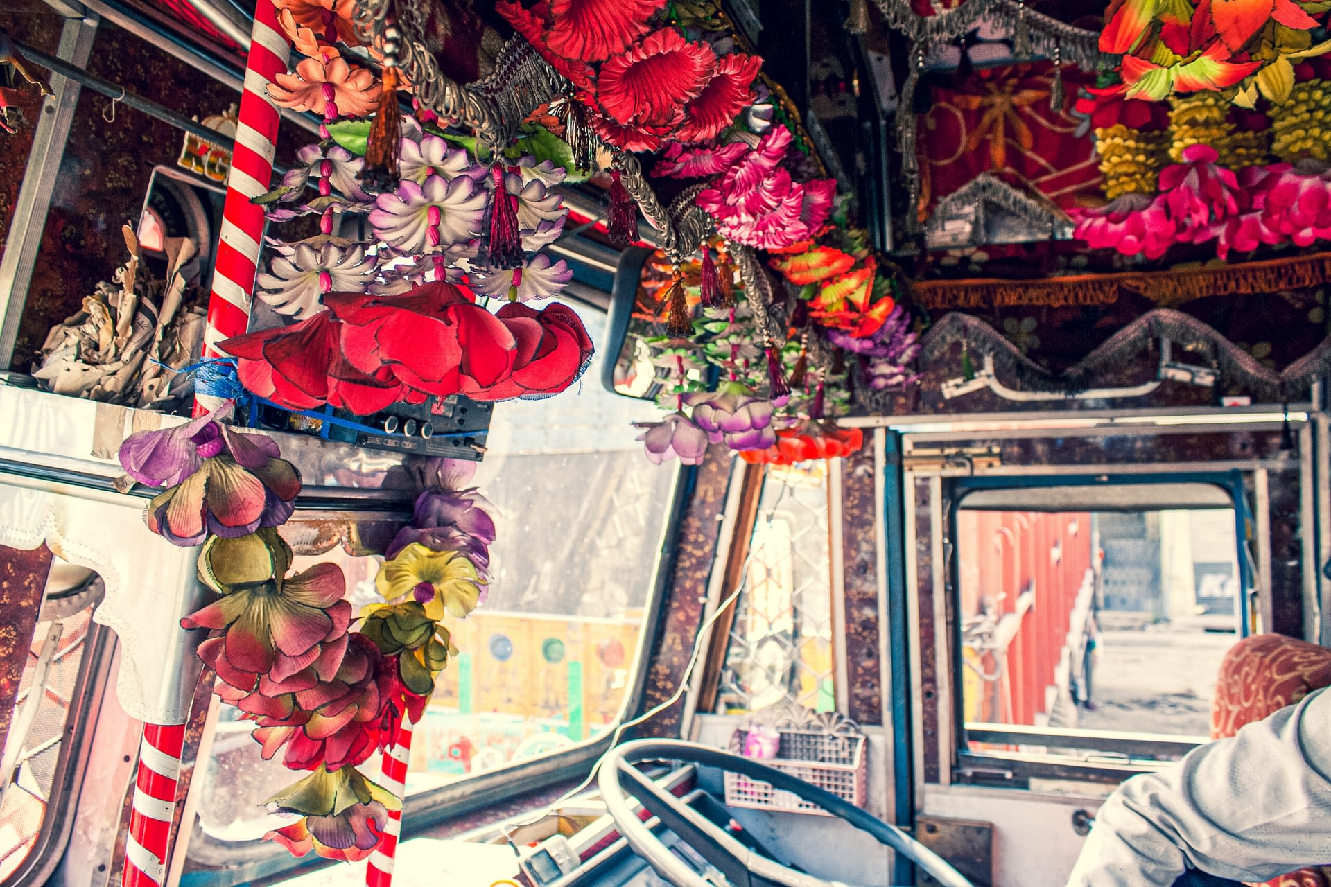 Image: The inside of a truck cab decorated with flowers