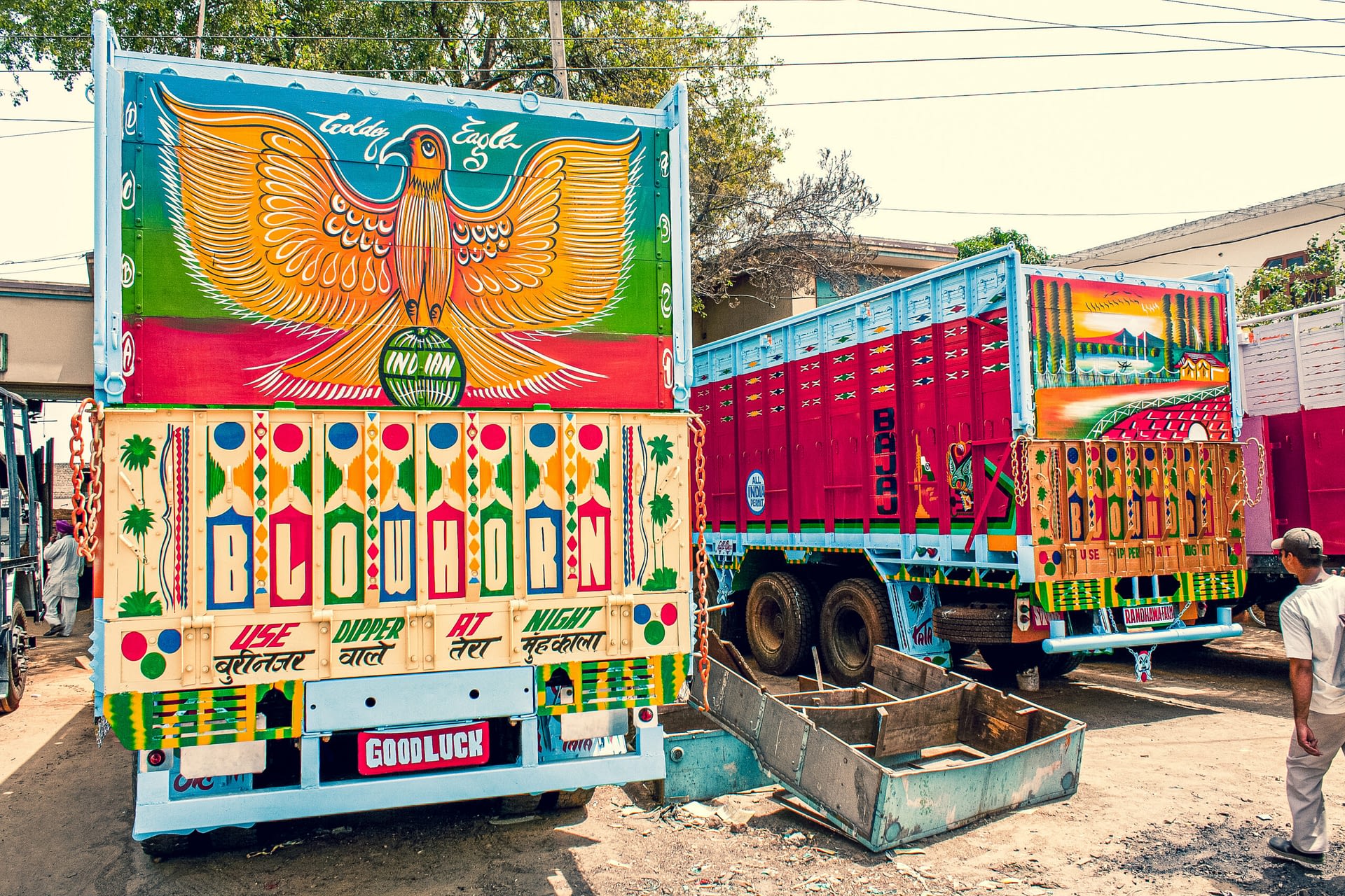 Image: Two brightly painted trucks next to each other. One is adorned with a bird. 