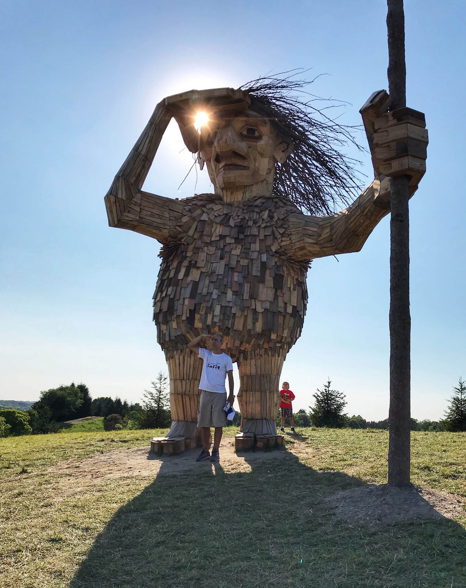 Image: A Troll made out of recycled wood stands 10 meters high in the sunshine.